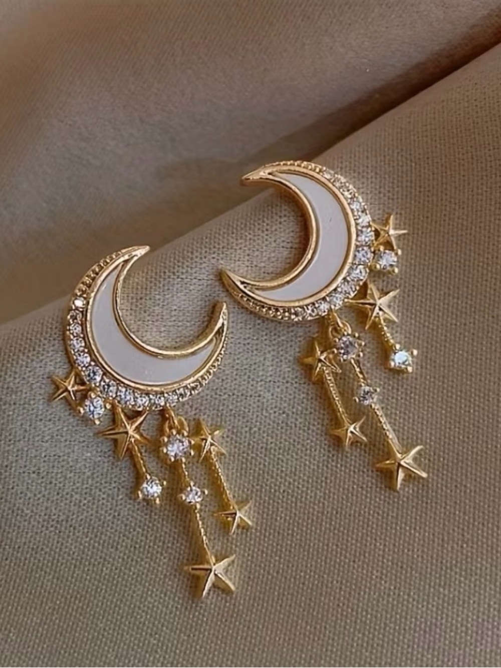 Gold Crescent Moon and Star Drop Earrings - White Inlay